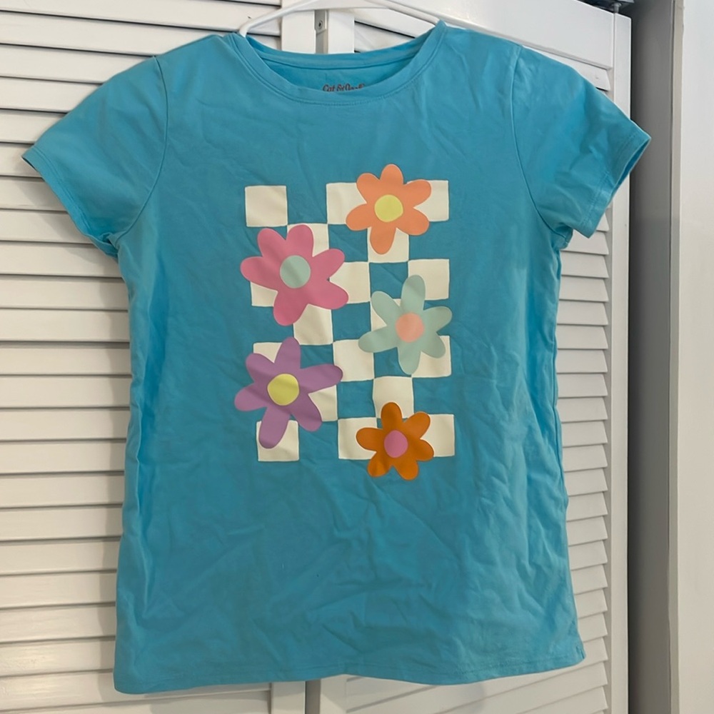 Blue Short Sleeve T-Shirt with Flower Design
